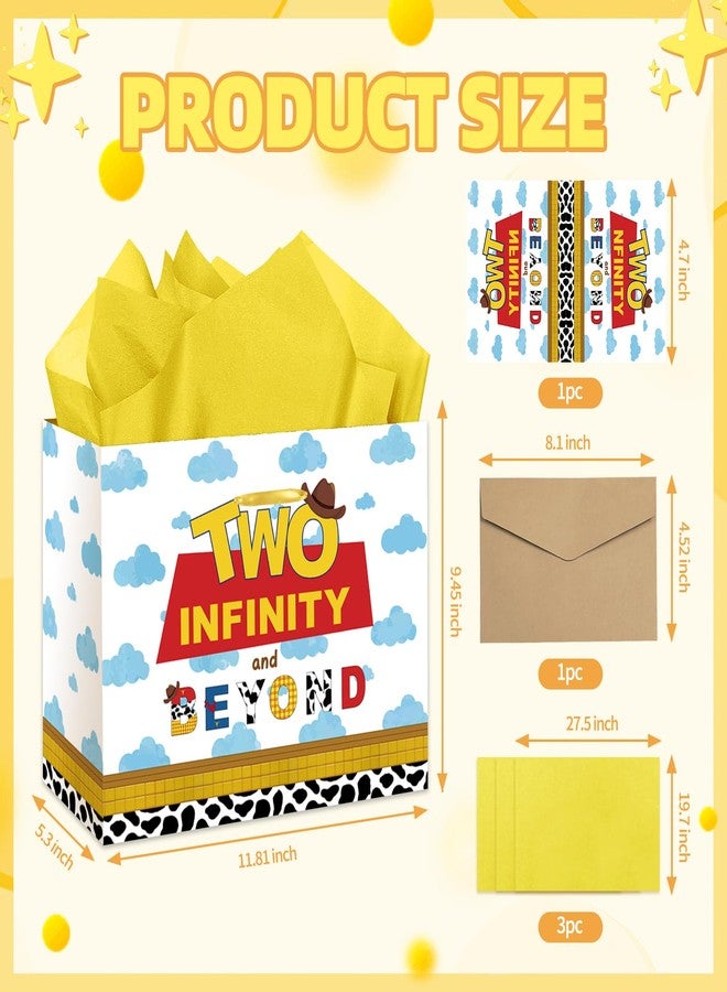 RTMISA Two Infinity and Beyond Birthday Gift Bag with Tissue Paper and Greeting Card Cartoon Story 2 Year Old Boy Birthday Gifts Wrapping Bag 2nd Birth Day Decorations Supplies - Image 2